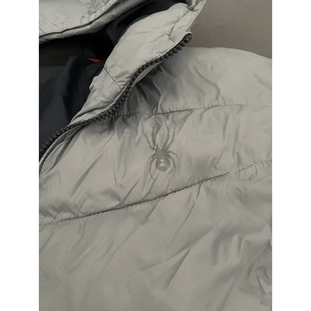 Spyder Puffer Hooded Jacket Boys Large 14/16 Gray Thermaweb Nylon‎ Thumb Holes